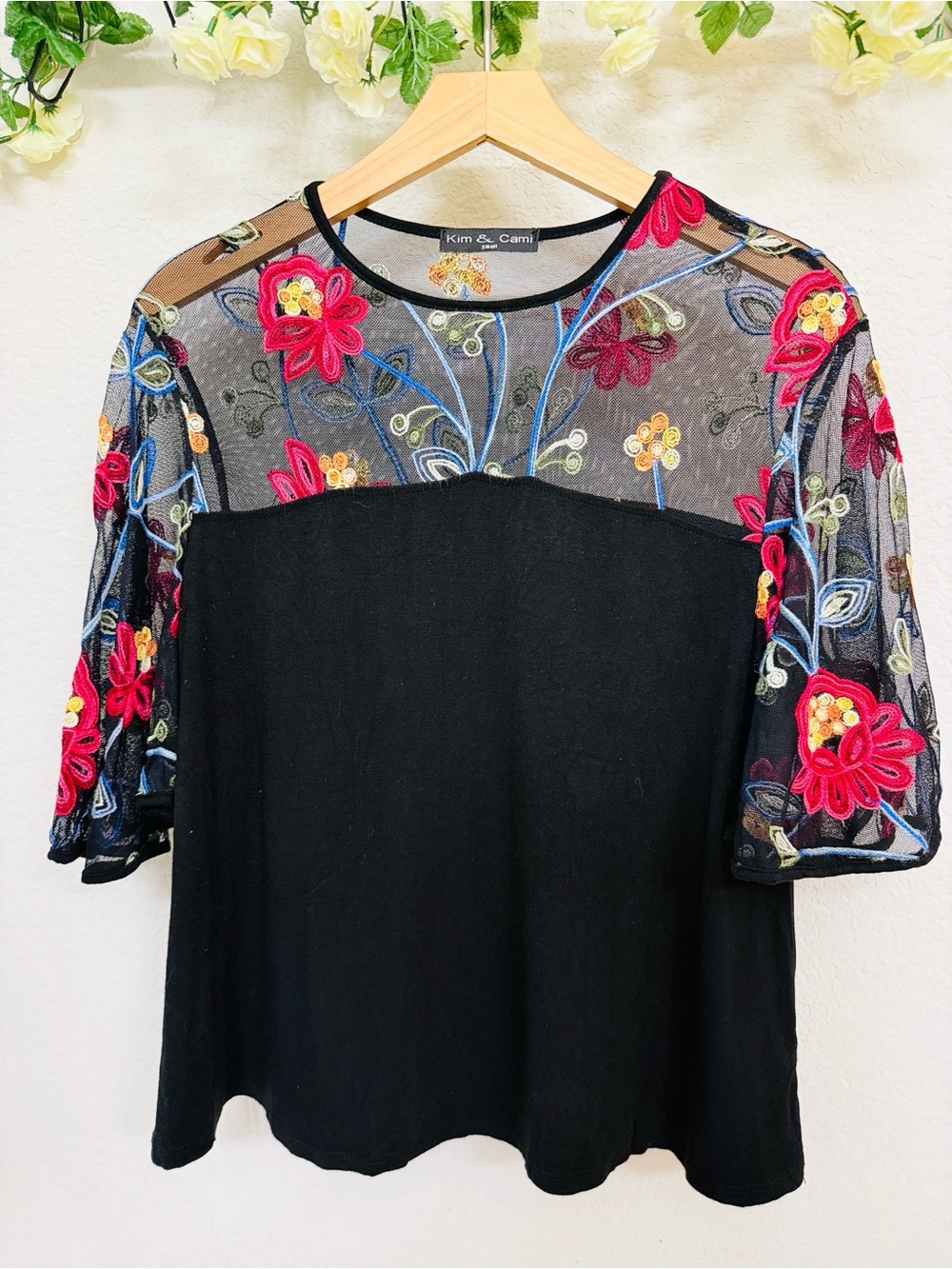 Kim & Cami • Mixed Media Blouse with Multicolor Floral Embroidered Mesh Sleeves